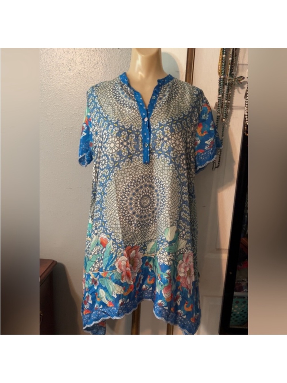 Johnny Was- Blue Floral Mosaic Tunic Top